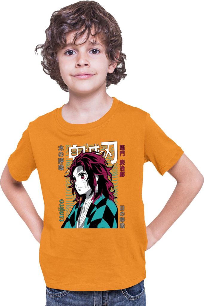 Kinder T-Shirt Demon Anime Slayer Kimetsu No Yaiba Tanjiro Kamado 008, 5-6 Jahr - 116 / Orange