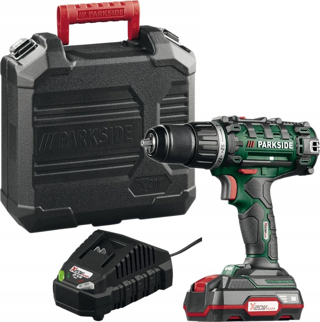 A cordless drill, its charger, and a carrying case are displayed against a white background.