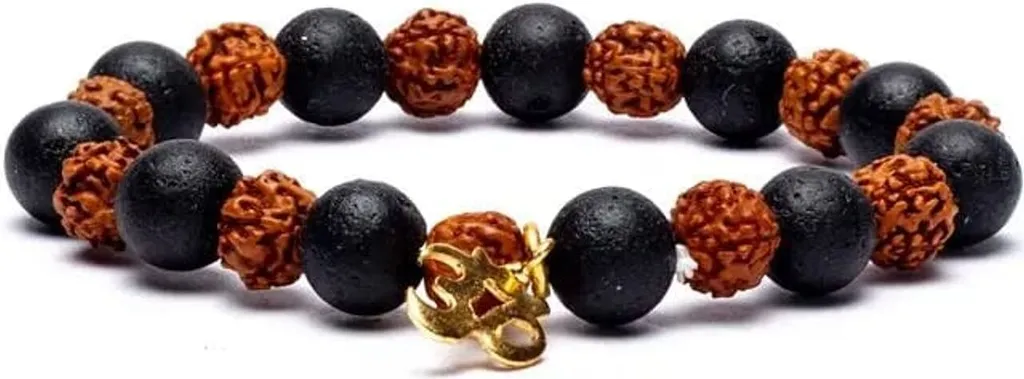 Bracelet Rudraksha et Pierre de Lave avec Charme Ohm 8mm - Pack de 3