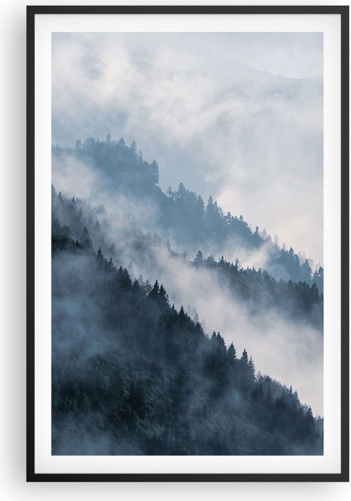 Gerahmtes Poster - Schwarzer Rahmen - Berge Nebel Bäume - 61x91,5 cm - Wand Bild - Wanddeko - Wandbilder - Kunstposter - Wandposter - Bilderrahmen...