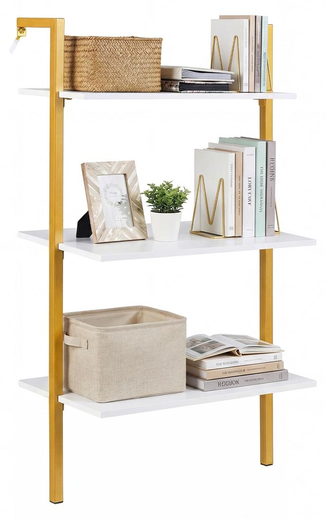 COSTWAY 3-stufiges Wandregal, Hängeregal mit Metallrahmen, Bücherregal, schwebendes Leiterregal, Lagerregal Holz, Schweberegal, 53,5x29,5x96 cm