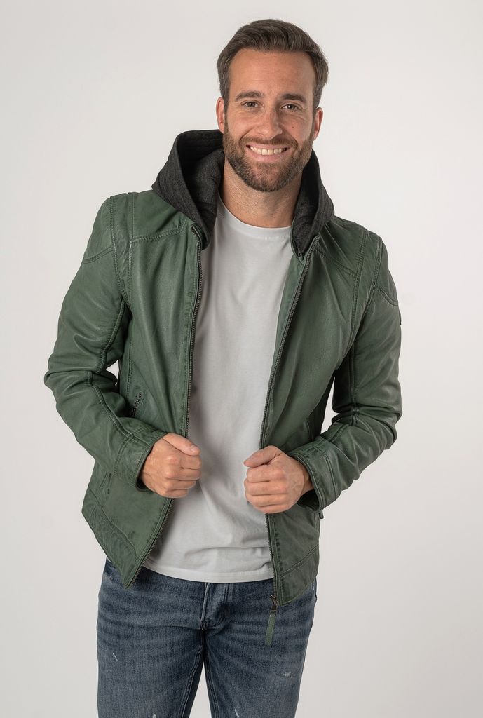 Mauritius - Herren Lederjacke Kapuze Lammnappa salbei grün : XXL