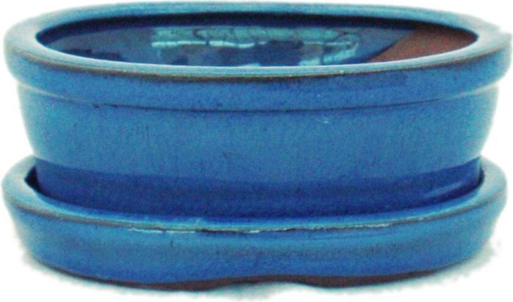 Bonsai-Schale mit Unterteller Gr. 1 - Blau - oval - Modell O7 - L 12cm - B 9,5cm - H 4,5 cm
