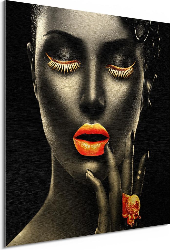DEQORI Alu-Dibond Bild Gold 30x30 cm 'Frau mit Gold Make-Up' Wandbild Metall dünn Design