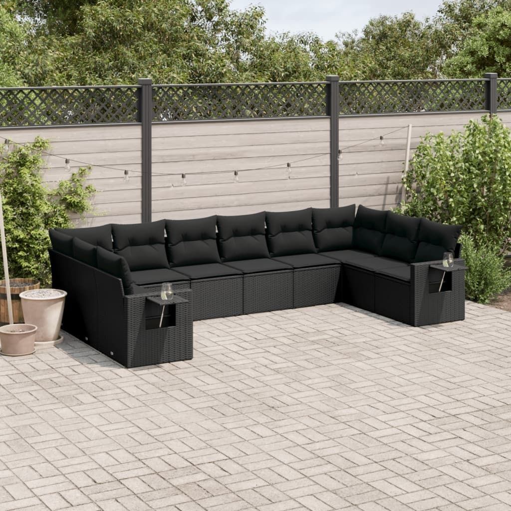 Ankonbej 10-tlg. Garten-Sofagarnitur mit Kissen Schwarz Poly Rattan