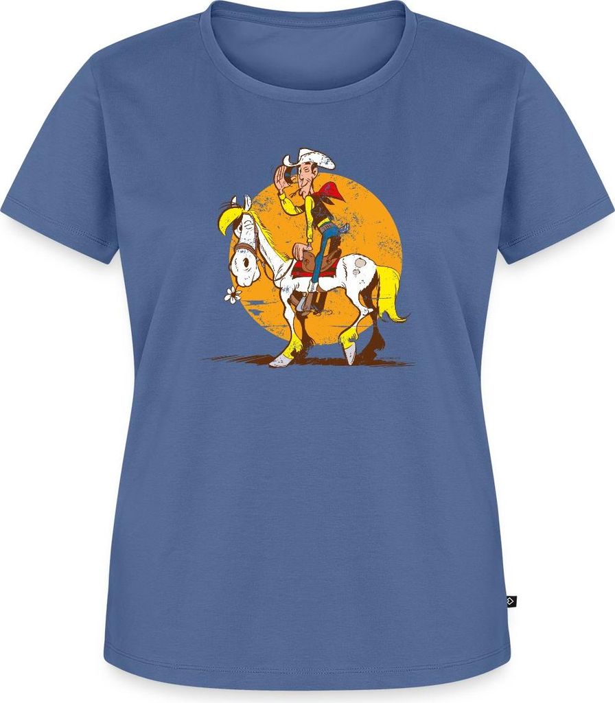 Spreadshirt Lucky Luke Jolly Jumper im Sonnenuntergang Frauen Premium T-Shirt, L, Taubenblau