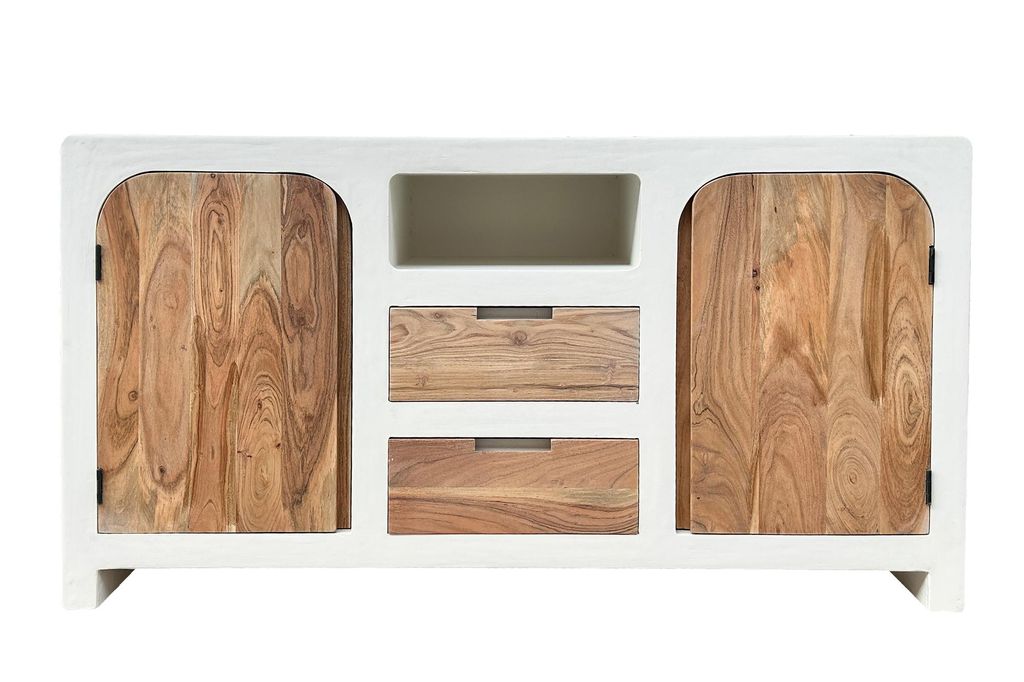 SIT Möbel Sideboard | 2 Türen, 2 Schubladen, 1 offenes Fach | Akazie natur, Kalkputz weiß | B 150 x T 40 x H 80 cm | 14903-10 | Serie HOLVIK