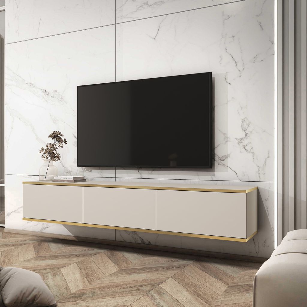 Masseno TV-Schrank VENEZIA 175 cm Fernsehschrank mit 3 Türen TV-Lowboard für Wohnzimmer Modern 175x32x30 cm Beige / Beige