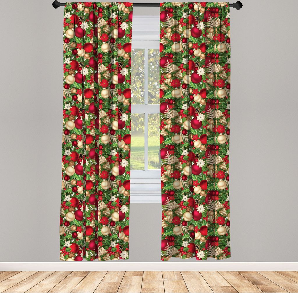 ABAKUHAUS Weihnachten Vorhänge, Gardinen, Baumzweigfichte verlässt Bälle Christibaumkugel Blumenzweig Kranz Nachbildungation, 2 Stück 75 x 245 ...