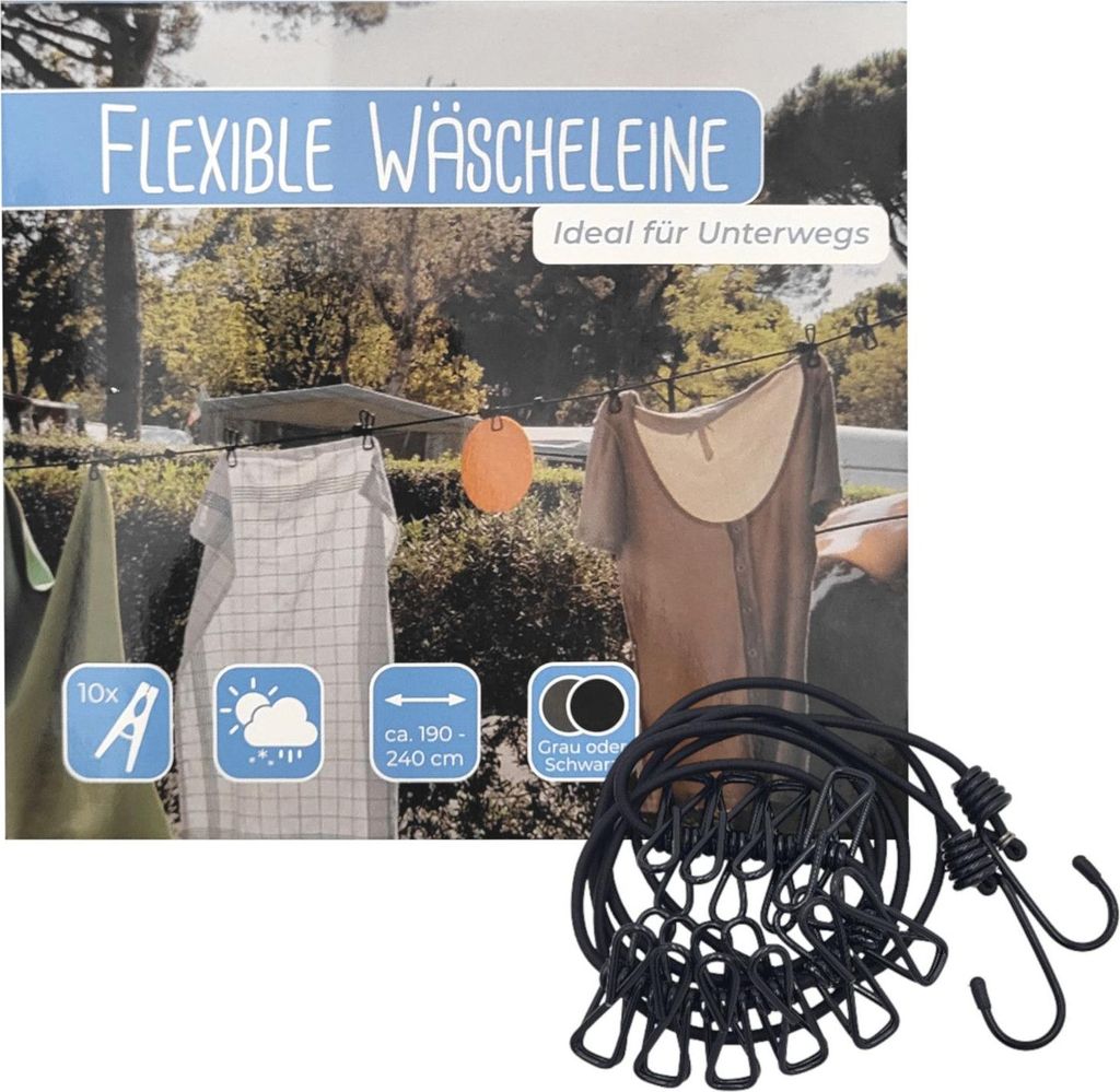 Reisewäscheleine 190-240cm mit 10 Clips Wäscheleine Camping Zubehör Balkon Zelten Caravan Wohnmobil Urlaub Outdoor flexibel UV beständig frosts...