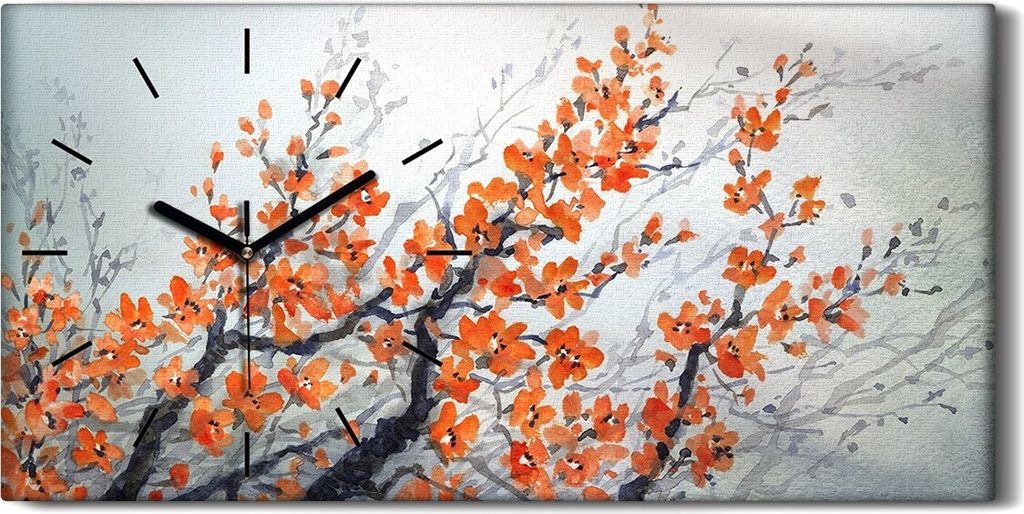 Dekor Leinwand Uhr Wandbilder Quarz 60x30 Malerei Zweige Blumen Tinte Kunst - schwarze Hände