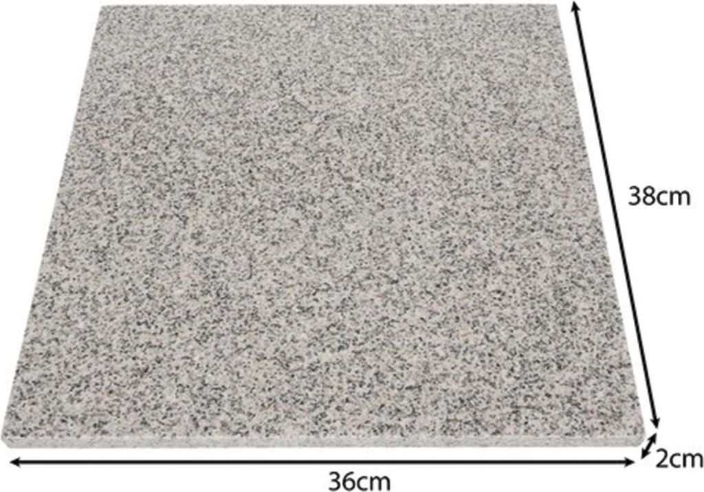 A square-shaped pizza stone with dimensions indicated by measurement lines and text.