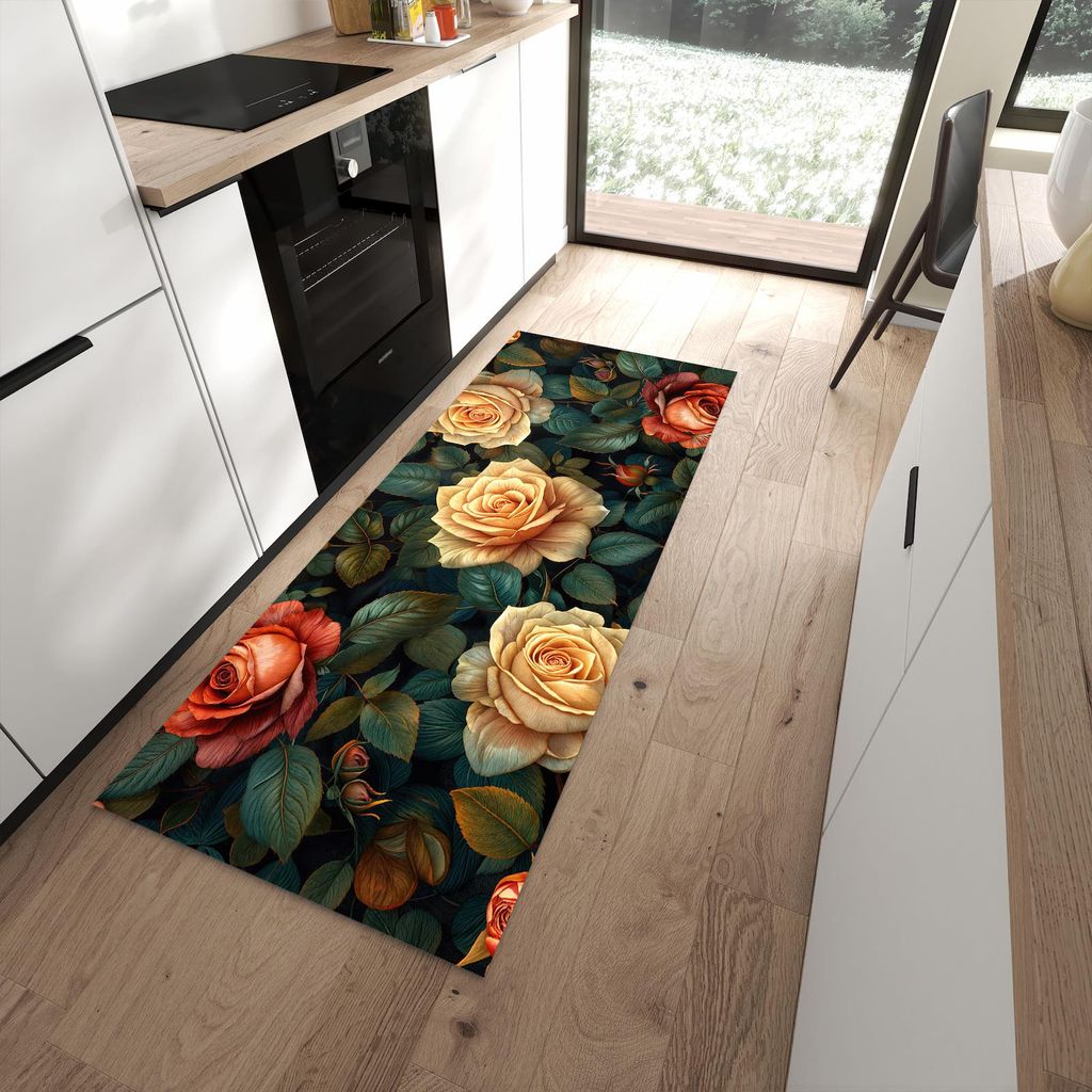 Küchenteppich 80x200cm rutschfest & abwischbar PVC Läufer - Rosenmuster Blumen