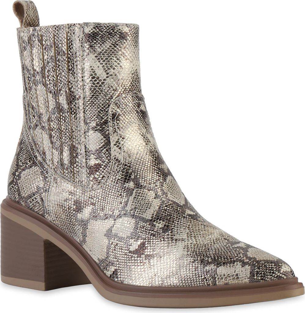 VAN HILL Damen Klassische Stiefeletten Spitze Booties Blockabsatz Schuhe 841887, Farbe: Gold Snake, Größe: 38