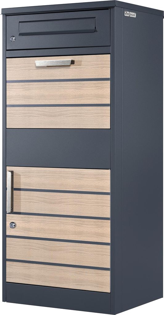A tall, dark gray parcel mailbox with wooden-effect panels and a silver handle and lock.