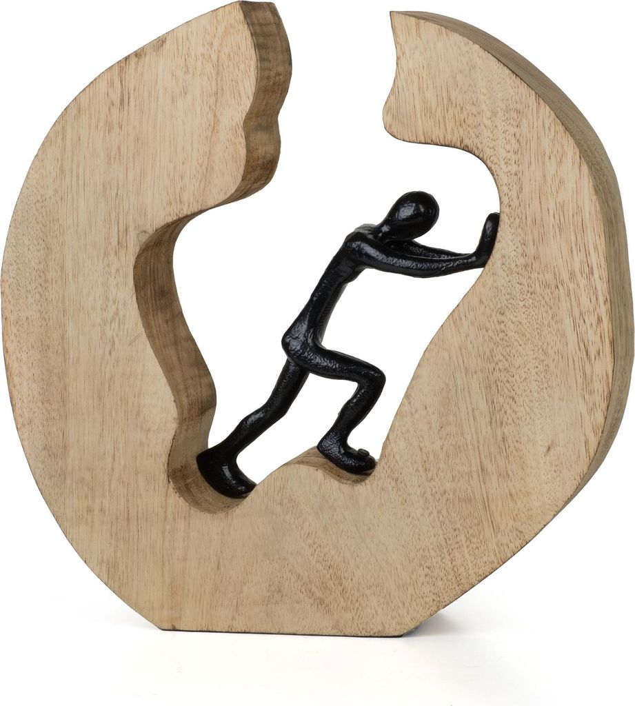 Dekofigur Push & Work Schwarz 28 cm aus Mangoholz und Aluminium Handarbeit Skulptur Symbol für Motivation und Kraft Dekofigur modern Unikat