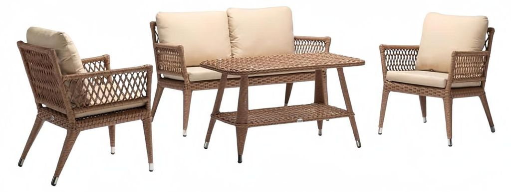 Sofagarnitur Sofa 2 Sitzer Rattan Moderner 2x Sessel Couchtisch Braun