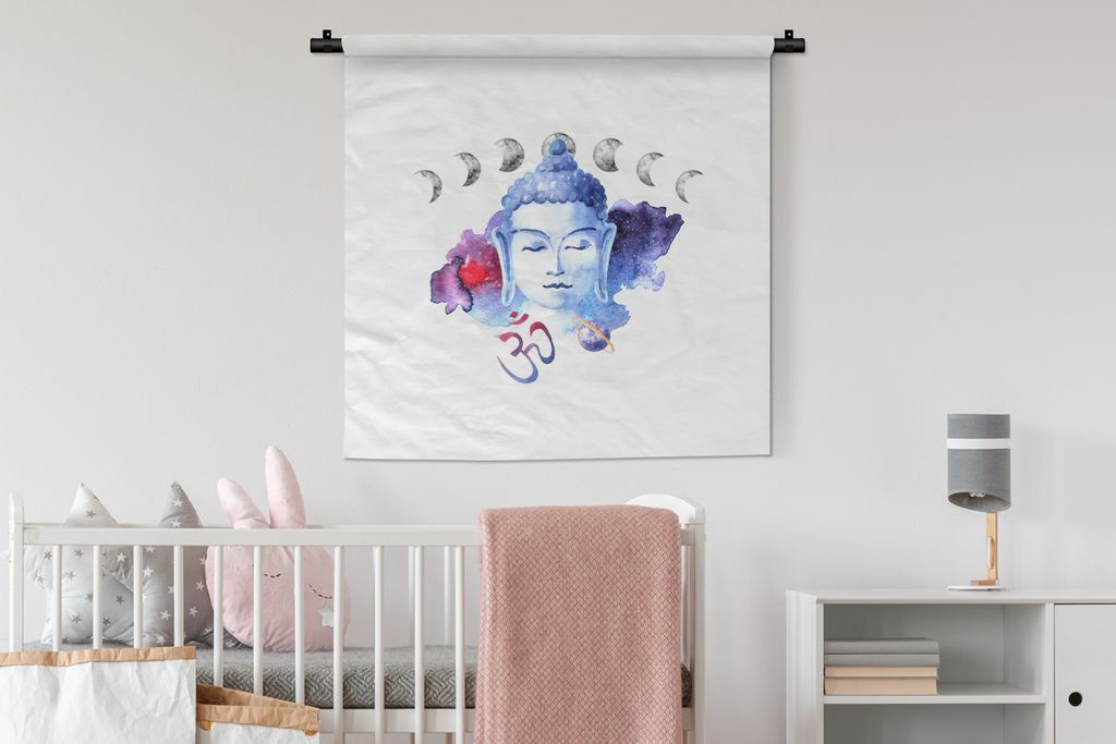 MuchoWow Wandteppich Wandbehang Buddha - Kopf - Blau 90x90 cm Tapisserie Dekoration Wandtuch - Wandaufhänger