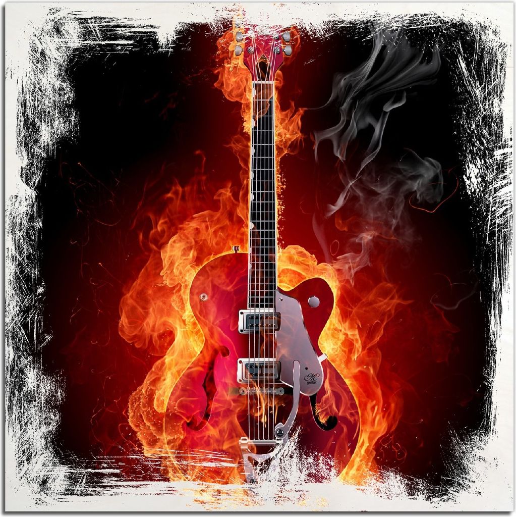 Kunstdrucke Wandbilder Holz in : Brillante Farben, Größe 50 x 50 cm Motiv Brennende Gitarre