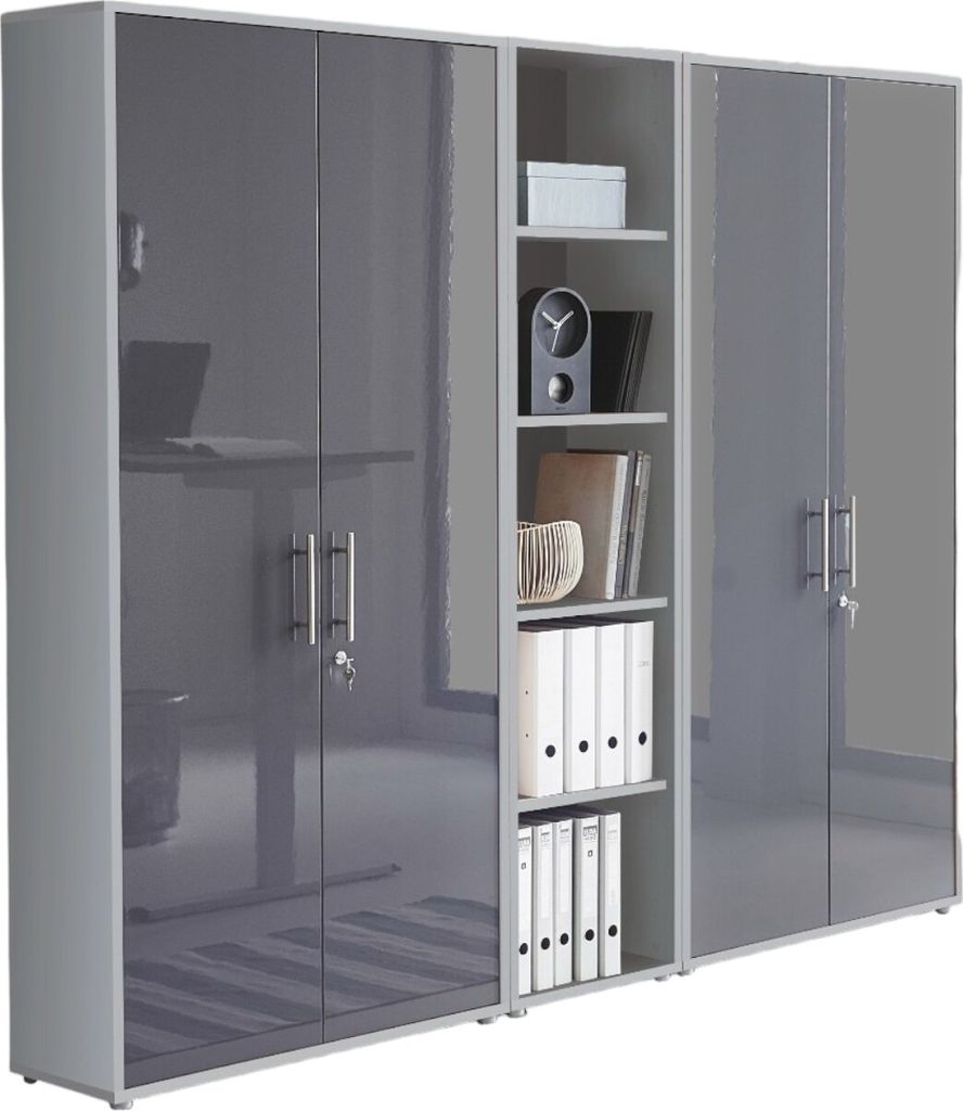 Aktenschrank TABOR 10 in lichtgrau / anthrazit Hochglanz, Schrankwand, Büroschrank, abschließbar, Metallgriffe