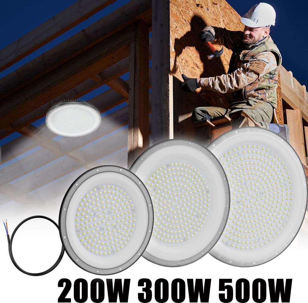 A construction worker is hammering a piece of wood while three LED lights are displayed in the foreground.