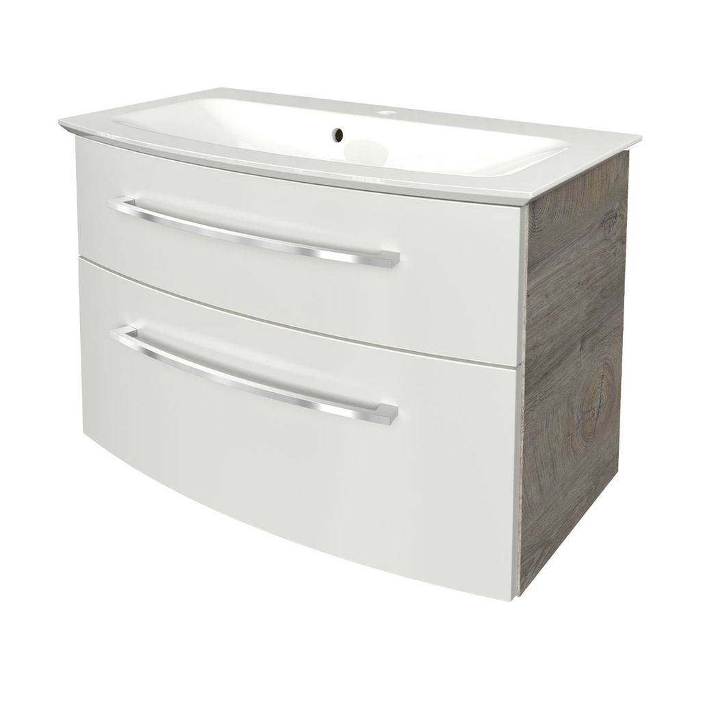 FACKELMANN B.STYLE Badmöbel Set 2 Teile / Gussmarmor Waschbecken / Waschbeckenunterschrank mit 2 Schubladen / hochwertiger Badschrank mit Soft-Clo...