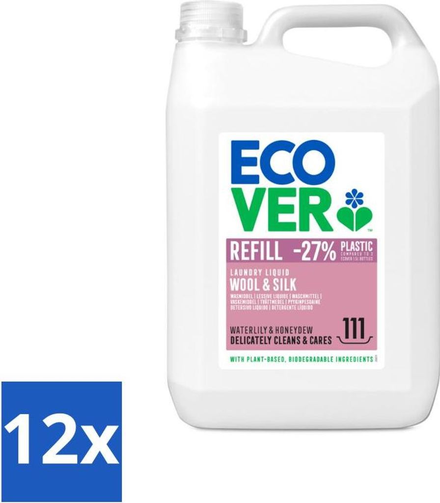Ecover - Flüssigwaschmittel - Wolle & Feinwäsche - Seerose & Honigmelone - 5 Liter - 111 Wäschen - Vorteilspack - 12 Stücke