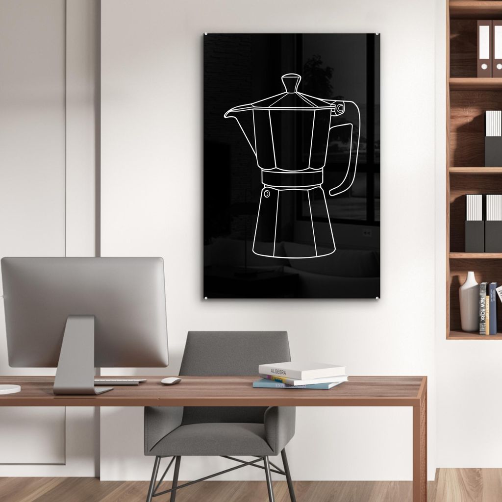 MuchoWow Glasbilder - Bilder auf Wandbild - Foto auf Glas Becher Topf - Schwarz - Weiß - Strichzeichnung 60x90 cm Wanddekoration aus Glas - Acrylg...