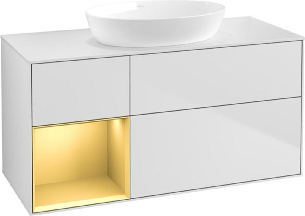 V&B Waschtischunterschrank Wandbeleuchtung Finion 120cm, Pl w m, Reg gol m Lac, wh. m Lac