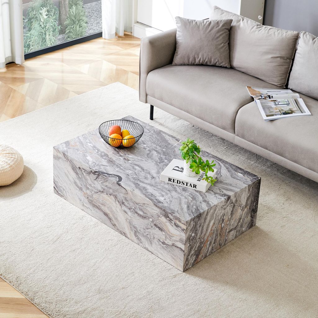okwish rechteckiger Couchtisch,Sofatisch mit Marmorimitat-Textur,Stabile Einteiligkonstruktion,geeignet für kleine Wohnungen,Grau