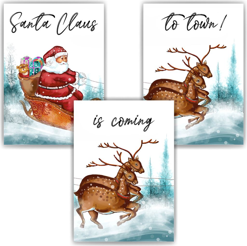 Santa Claus Rentier Weihnachten DIN A4 Weihnachtsbilder Weihnachtsposter Weihnachtsdeko Wandbilder 3er Set – DIN A4 (21x29.7cm)