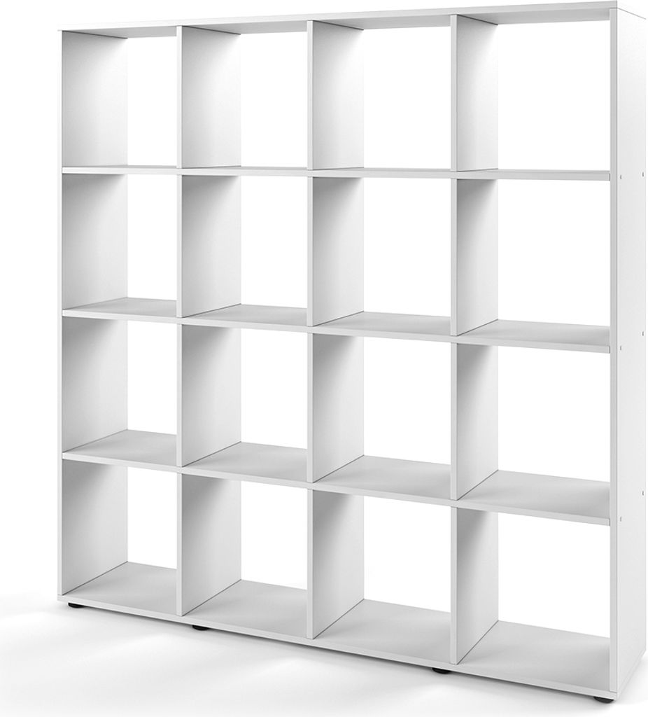 A white modular shelving unit with multiple square compartments.