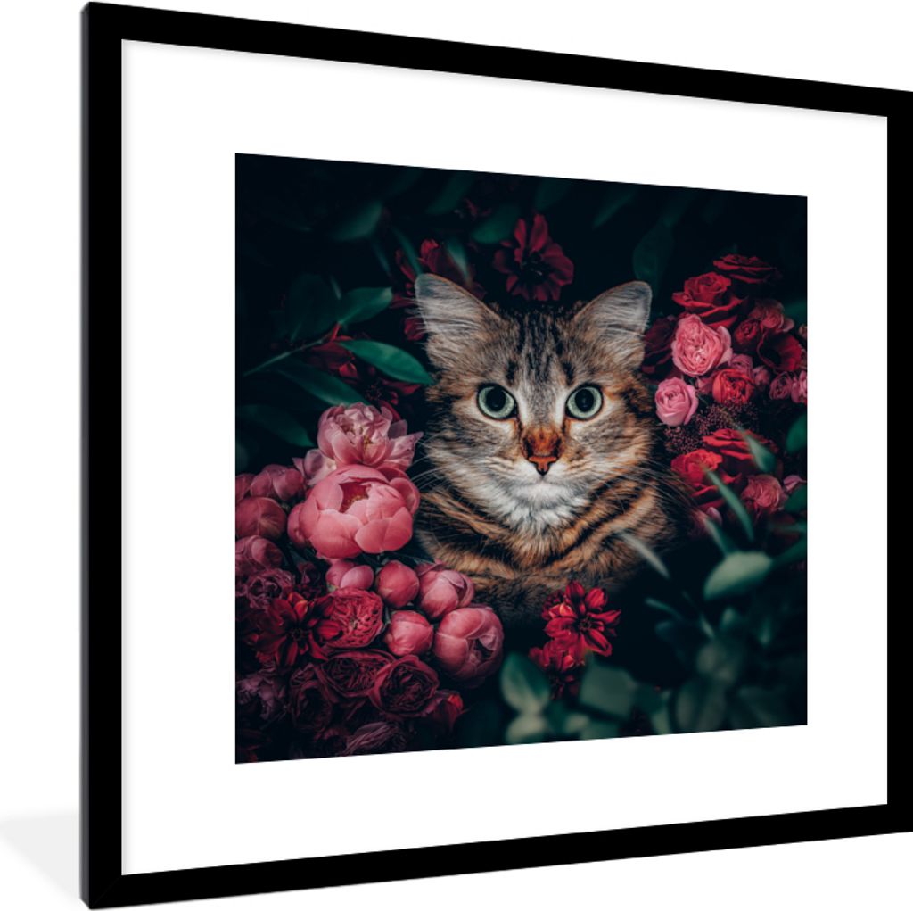 MuchoWow Gerahmtes Poster Katze - Blumen - Tiere - Botanisch 40x40 cm - Poster mit Schwarzem Bilderrahmen Wandposter Rahmen Foto Bilder - Poster ...
