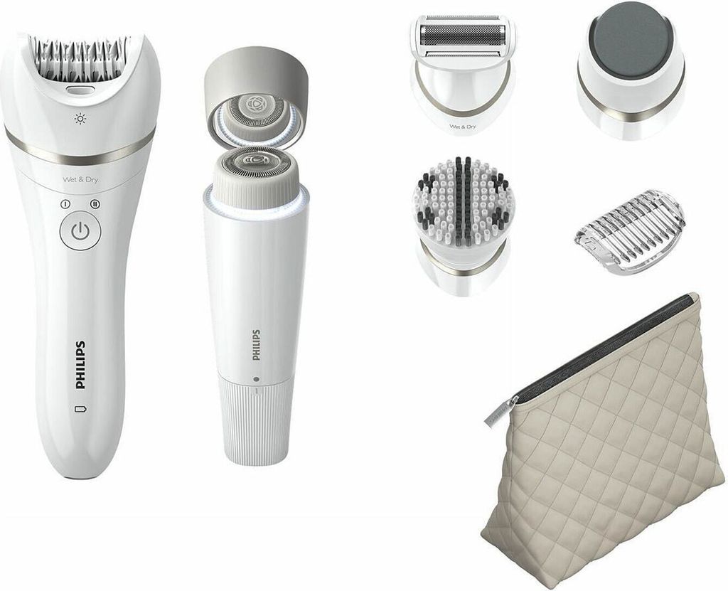 A collection of Philips epilator attachments and accessories laid out on a white background.