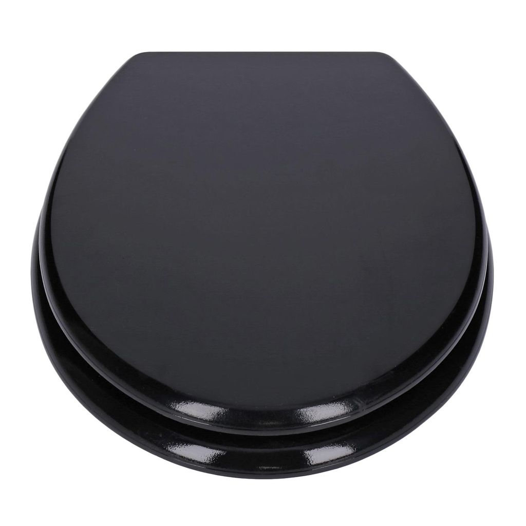 A top-down view of a black toilet seat.