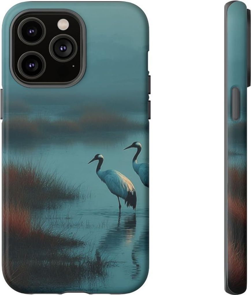 Zwei Kraniche im nebligen Feuchtgebiet – Hülle Kompatibel mit iPhone 14 Pro Max
