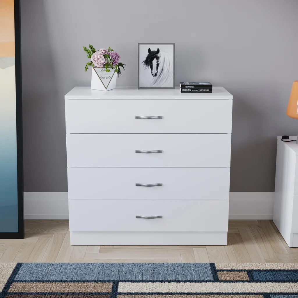 Commode de chambre blanche à 4 tiroirs Riano - Mobilier bois et métal