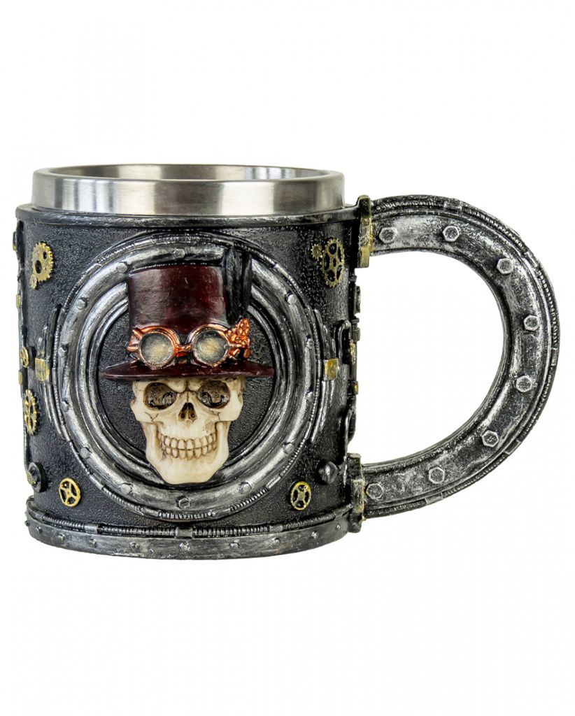 Totenkopf Steampunk Kelch mit Edelstahleinsatz 14 cm
