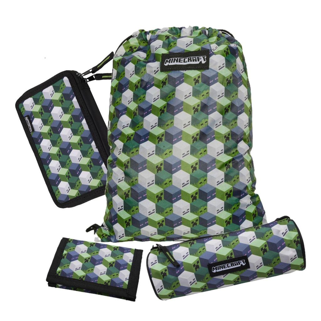 MINECRAFT Federmäppchen (gefüllt), Schlamper, Turnbeutel und Geldbeutel im Set passend zum Schulranzen
