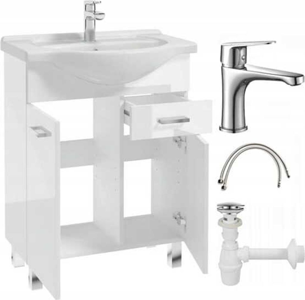 A white bathroom vanity with a sink and faucet, along with plumbing parts, displayed against a white background.