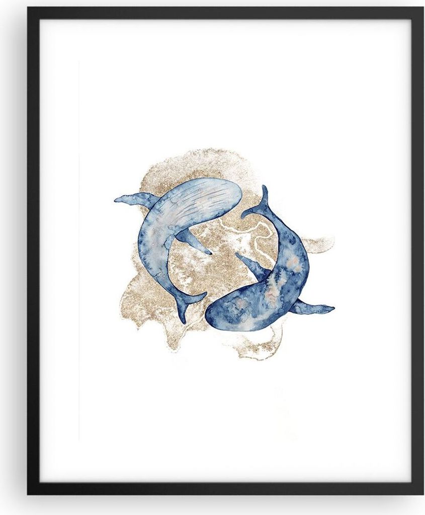 Gerahmtes Poster - Schwarzer Rahmen - Wal Aquarell Gold - 40x50 cm - Wand Bild - Wanddeko - Wandbilder - Kunstposter - Wandposter - Bilderrahmen - ...