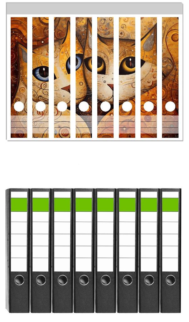 Wallario 8 Stück schmale Ordner inkl. Klebeetiketten mit Motive Goldene Katzen - Set mit Rückenschildern / Ordnerrücken Stickern