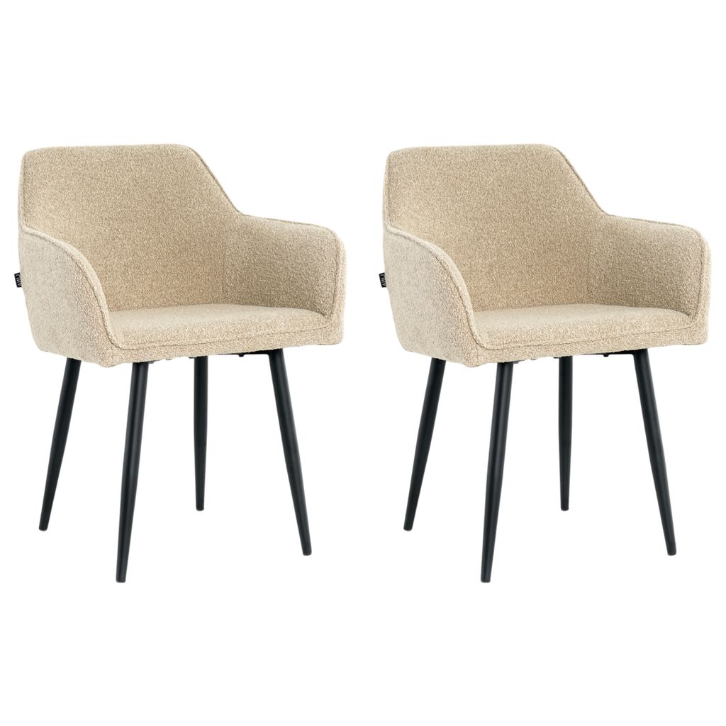 Lina Diamond Esszimmerstühle 2er Set Bouclé Beige mit Armlehnen – Stilvoll für Esszimmer, Büro und Küche mit schwarzen Metallbeinen
