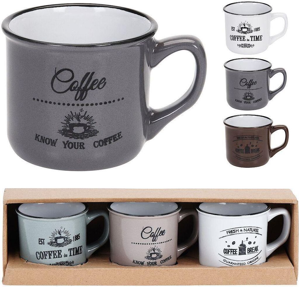 A collection of espresso cups with coffee-themed designs.