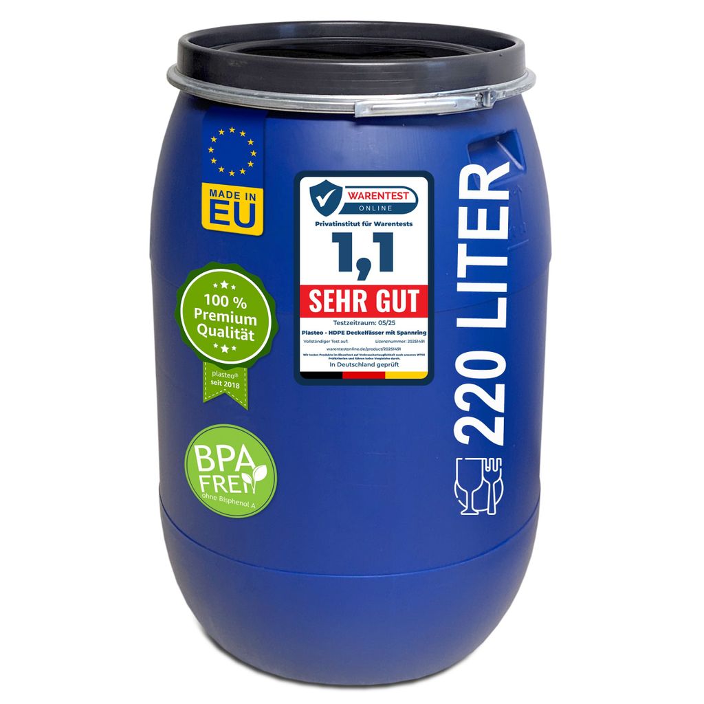plasteo 220 Liter Weithalsfass mit Deckel und Spannring Regenfass Kunststofffass Universalfass Deckelfass Maischefass Sauerkrautfass