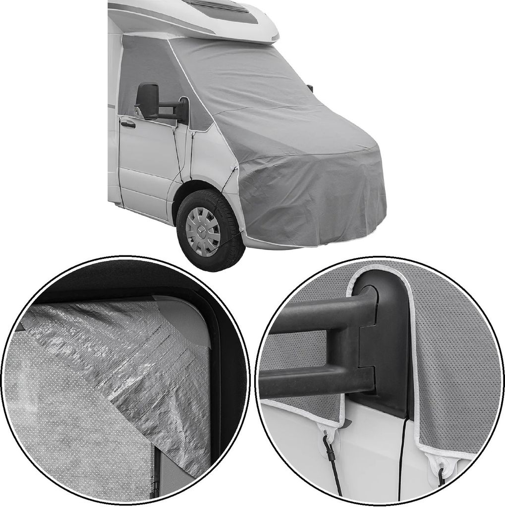 Abdeckplane Wohnwagen kompatibel Mercedes Sprinter ab 2018 – isolierende Frontscheiben Abdeckung, UV-Schutz, Spiegelschlitze, Vliesstoff, inklusi...