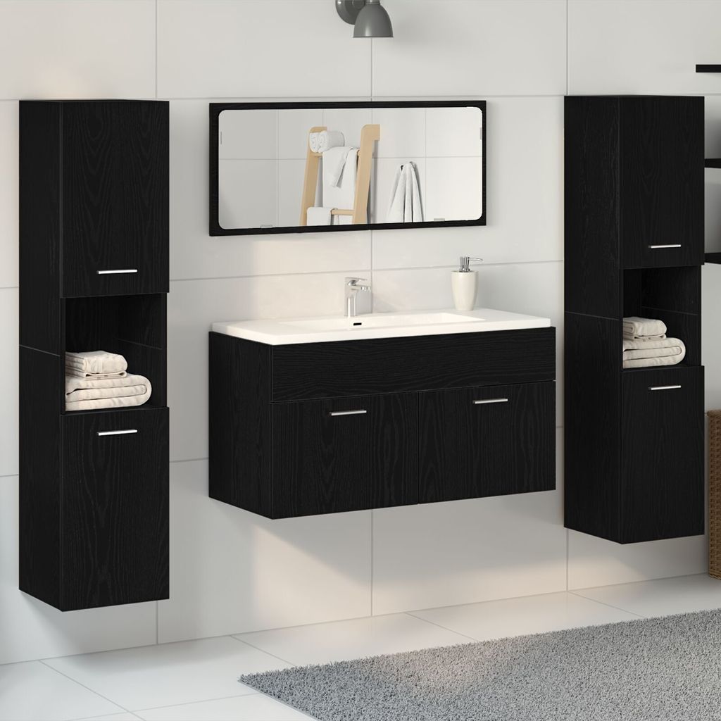 4-tlg. Badmöbel-Set Schwarz Eiche Holzwerkstoff, Badezimmerschränke DesignMöbel Neu