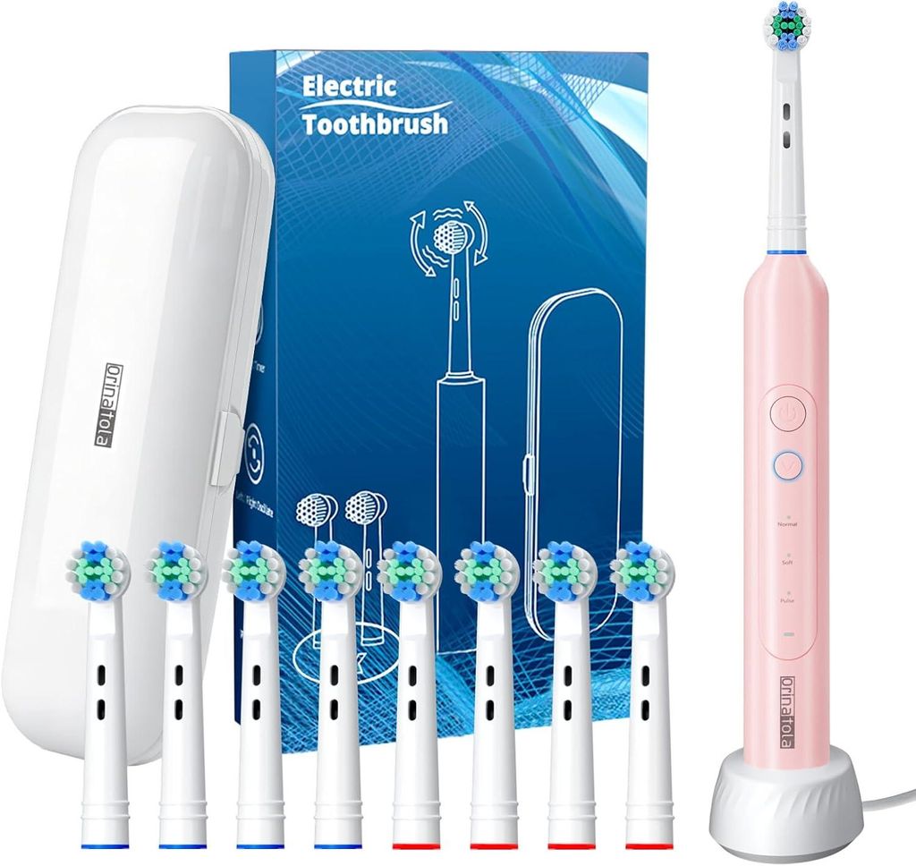 Elektrische Zahnbürste Rotierend mit Reiseetui & Ladestation, 8 Bürstenköpfen, 3 Modi, 8800 VPM Schall, IPX7 Wasserdicht, USB Akku Timer inkl Etui!