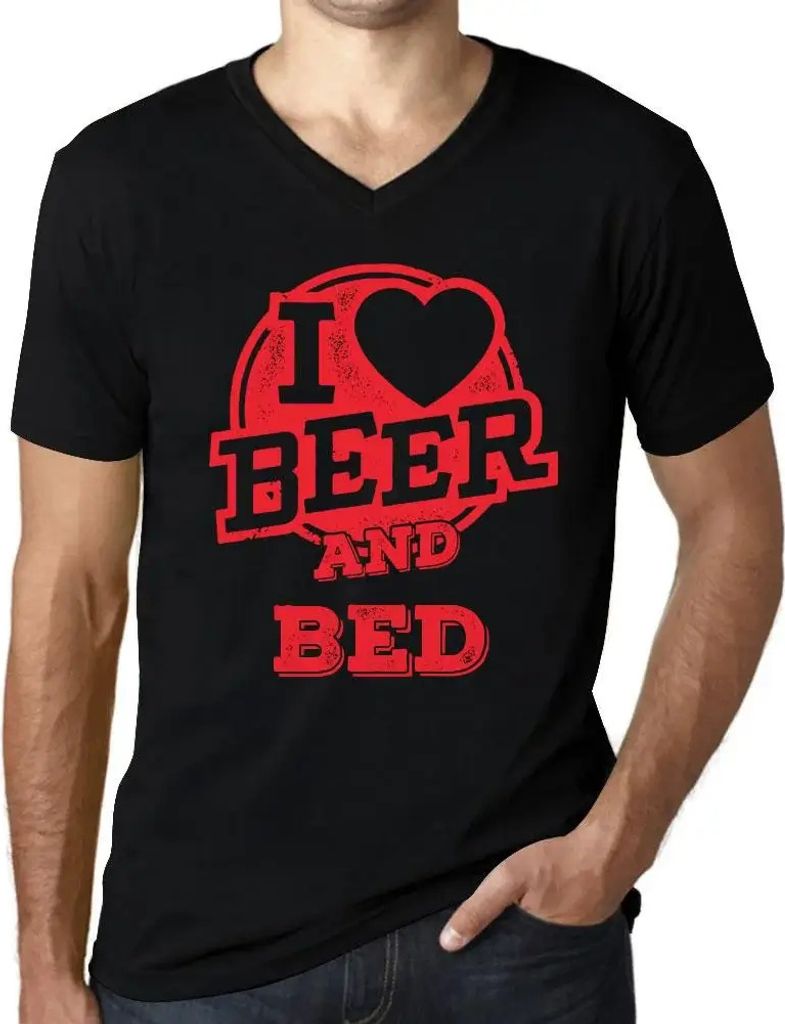 Herren Grafik T-Shirt V-Ausschnitt Ich liebe Bier und Bett – I Love Beer And Bed – Öko-Verantwortlich Vintage Jahrgang Kurzarm Lustige Druck