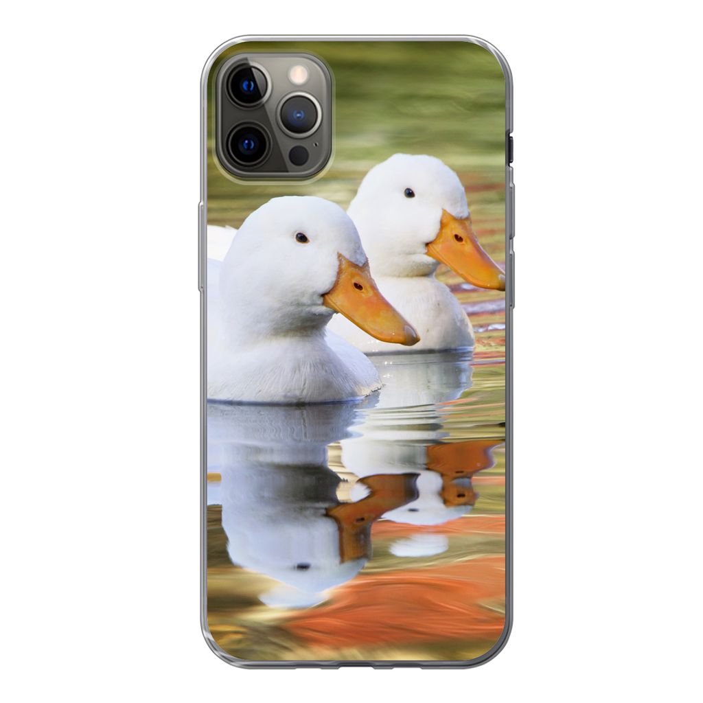 MuchoWow Handyhülle Schutzhülle Hülle für iPhone 12 Pro Max Enten - Wasser - Spiegelung - Familie Silikon Softcase Handy Hülle - Hartschale